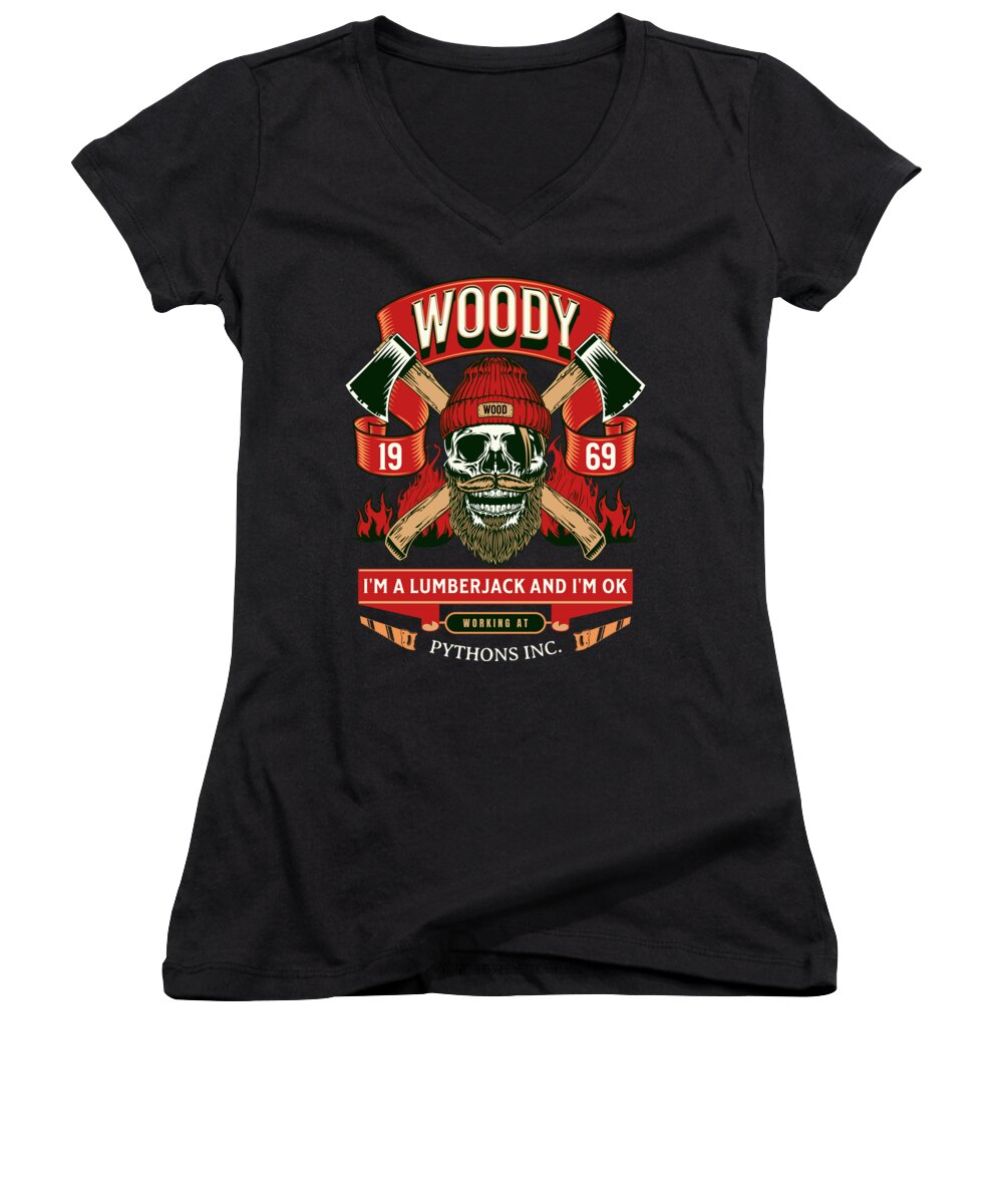 Women's black V-neck T-shirt with colorful lumberjack logo graphic on front