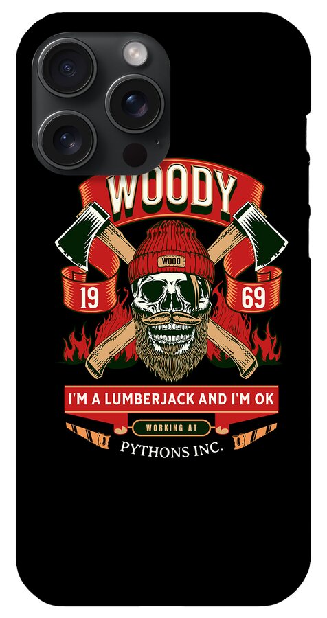 Black phone case with Woody lumberjack skull graphic and crossed axes, camera cutouts