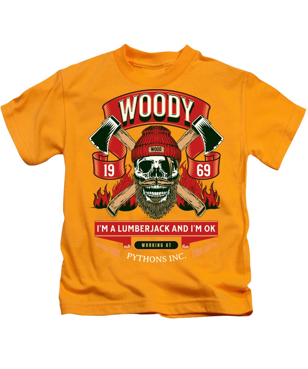 Kids gold/orange T-shirt with lumberjack skull graphic, flaming accents, and number badges