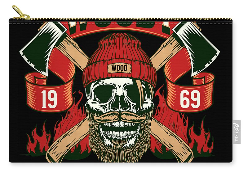 Black zip pouch with gold zipper pull featuring a large lumberjack skull with crossed axes