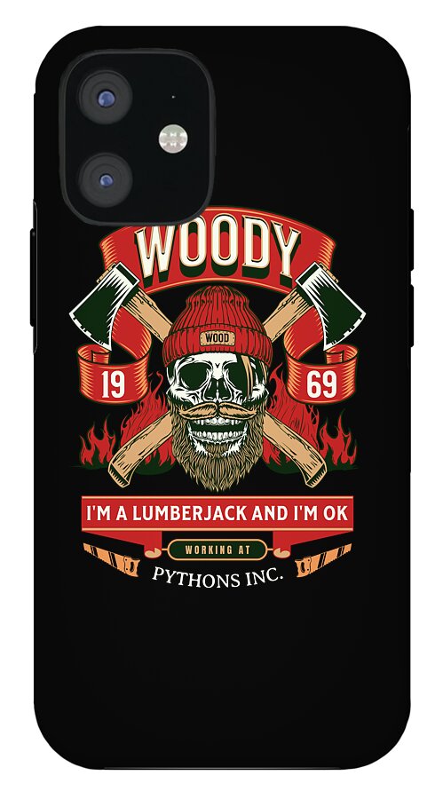 Black phone case with Woody lumberjack skull and 'WOODY' lettering