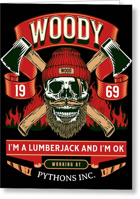 Lumberjack greeting card with Woody illustration, skull, crossed axes, flames, OK text