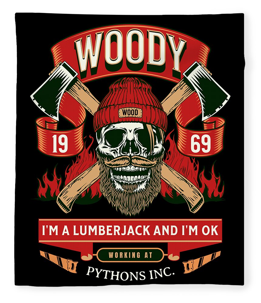 Printed blanket with red/green lumberjack skull graphic and banner text