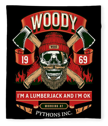 Printed blanket with red/green lumberjack skull graphic and banner text