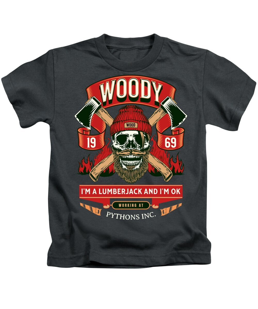 Kids charcoal gray T-shirt with lumberjack skull graphic and red ribbon banner