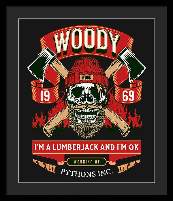Framed print with black frame and dark mat, featuring a red-and-black lumberjack skull graphic.