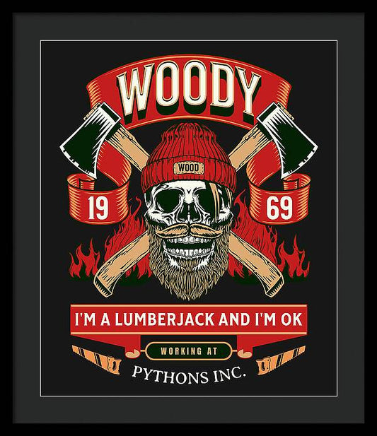 Framed print with black frame and dark mat, featuring a red-and-black lumberjack skull graphic.