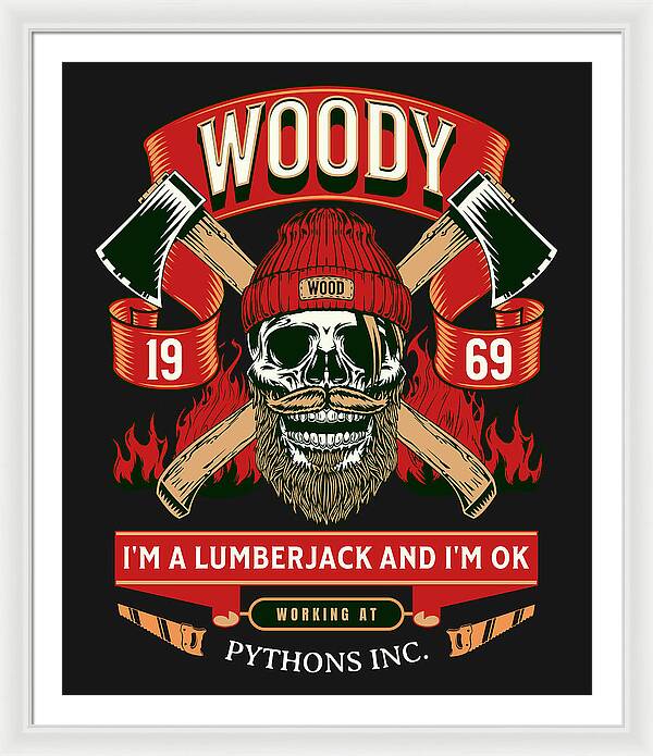 Framed print of Woody lumberjack skull graphic, red hat and green banners on black; white mat