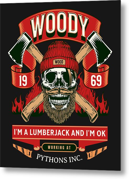 Metal print with Woody lumberjack skull in red and black, beanie, crossed axes, flames.