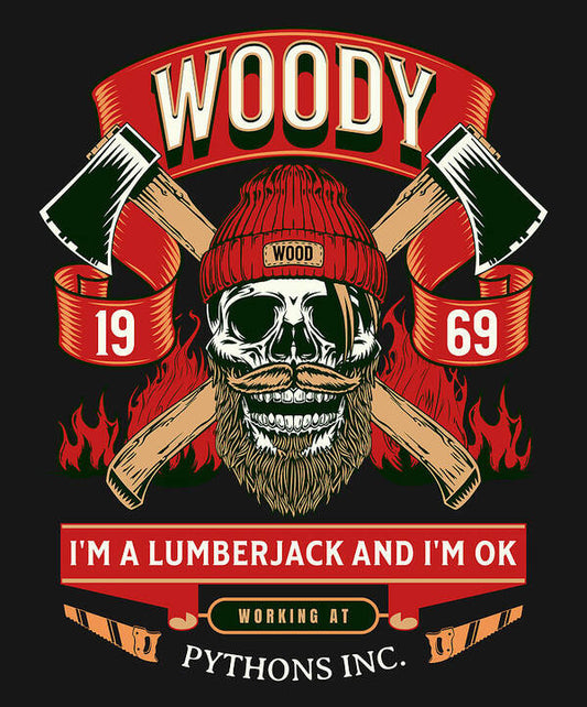Woody the Lumberjack art print with skull wearing beanie, crossed axes, flames, and bold text.