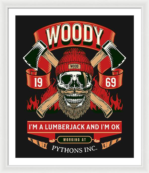Framed print with white frame and white mat, featuring a red-and-black lumberjack skull graphic.