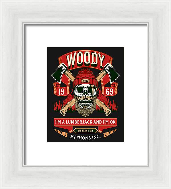 Framed print of Woody lumberjack skull graphic, red hat and green banners on black; white frame, white mat