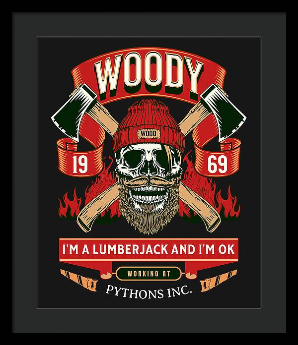 Framed print featuring Woody lumberjack skull, red/green axes, and “I’m a lumberjack” text