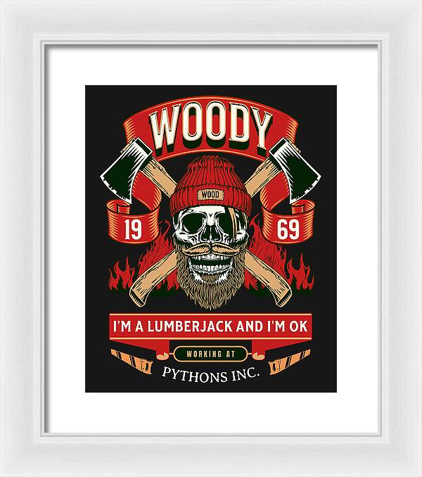 Framed wall art print with white frame; lumberjack skull graphic with red and green accents