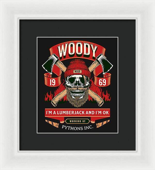 Framed print of Woody lumberjack skull graphic with red hat and green banners on black; black mat, white frame