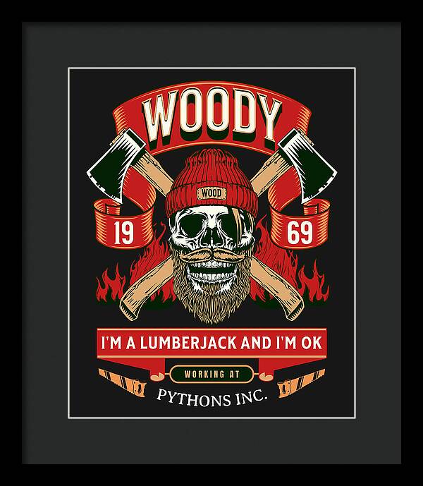 Framed wall art print with black frame; lumberjack skull illustration with red flames