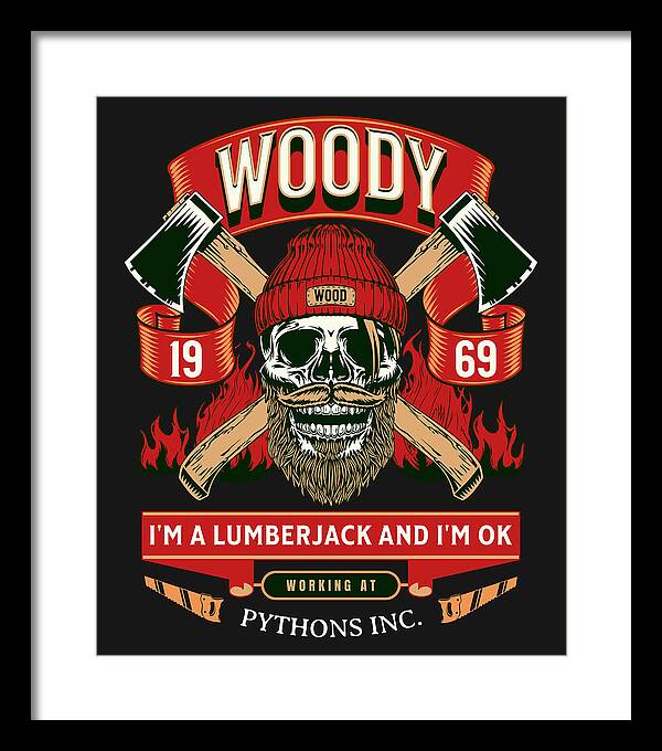Framed wall art print with white frame; lumberjack skull graphic with red banner text