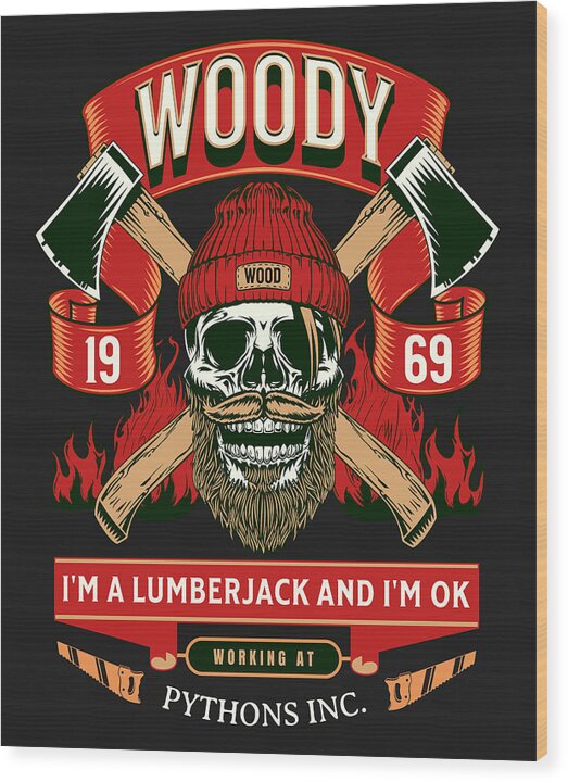 Wood print with lumberjack skull wearing WOODY beanie, red black and green graphic