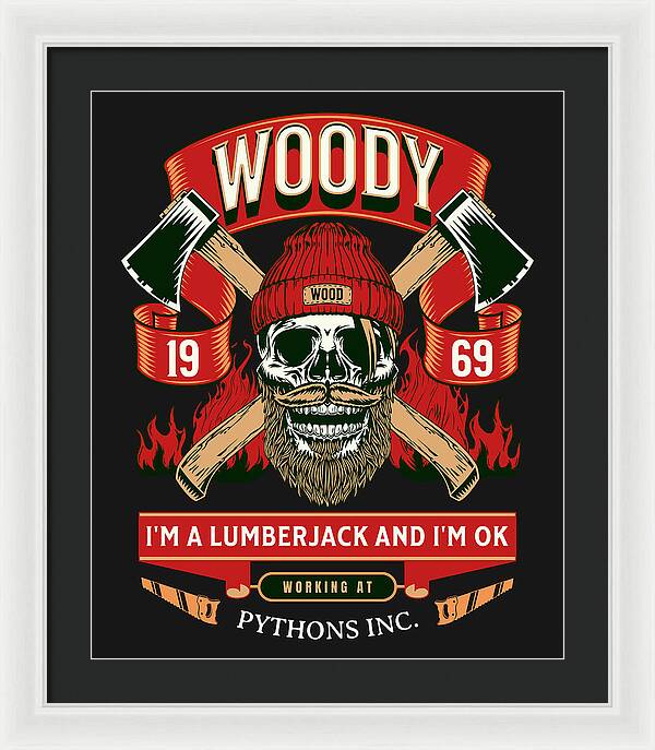Framed print with white frame and black mat, featuring a red-and-black lumberjack skull graphic.