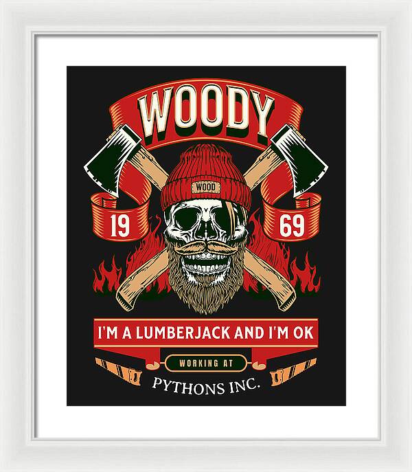 Framed wall art print with Woody lumberjack skull, red/green banners, and “PYTHONS INC.”