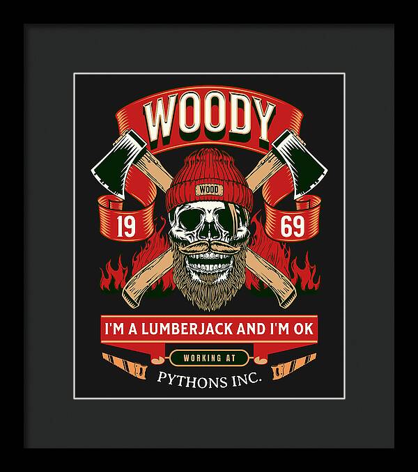 Framed wall art print with black frame; lumberjack skull graphic in red and green