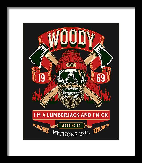 Framed wall art print with white frame; centered lumberjack skull graphic with bold text