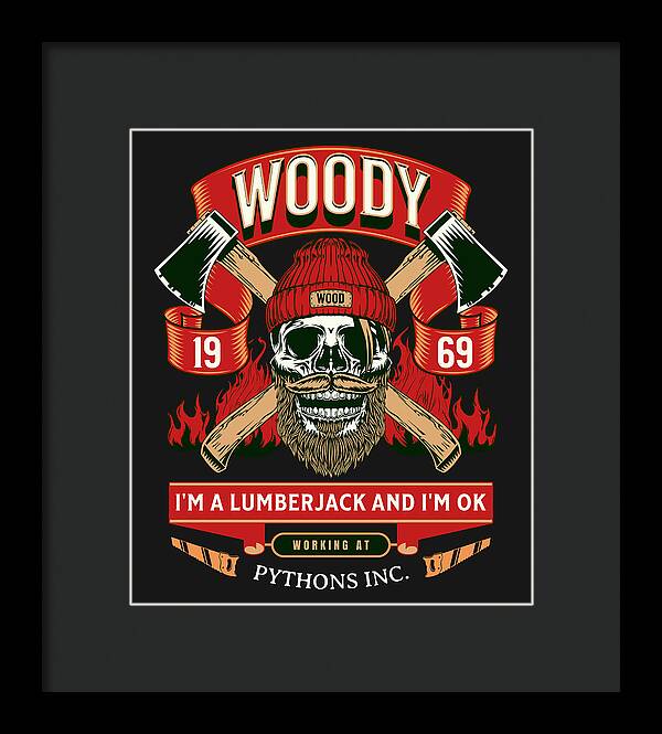 Framed print of Woody lumberjack skull graphic, red hat and green banners on black; black frame