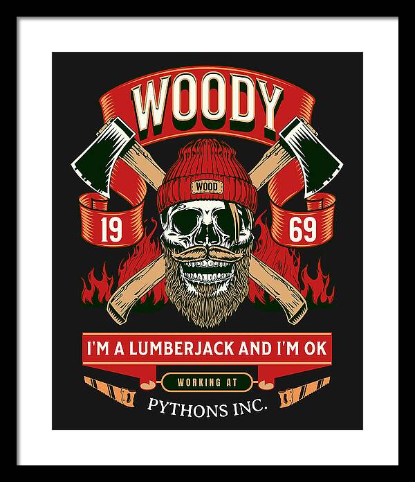 Framed print with Woody lumberjack skull graphic, red and green banners, and bold quote