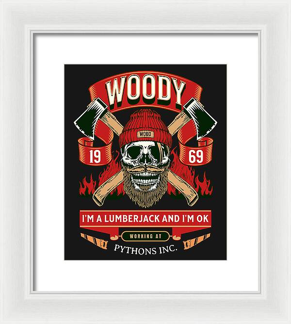 Framed wall art print with white frame; lumberjack skull graphic on dark background