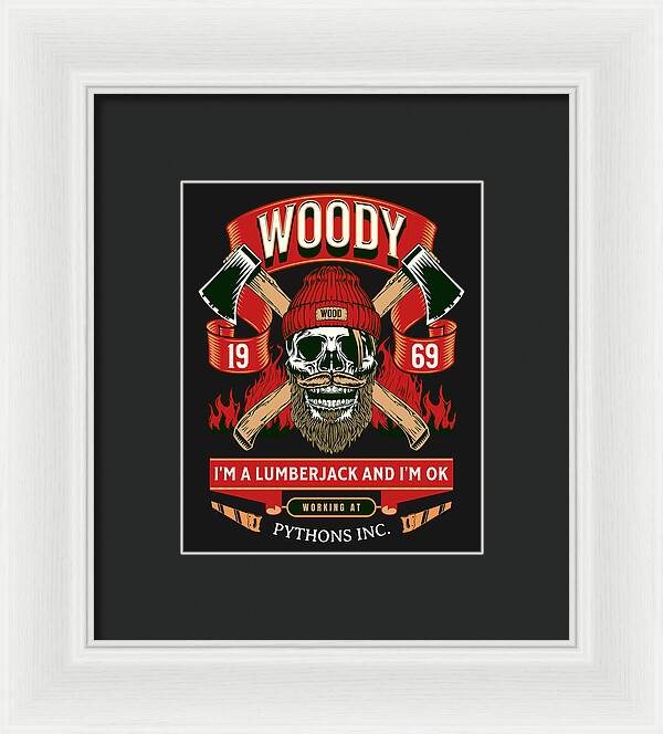 Framed print of Woody lumberjack skull graphic with red hat and green banners; black mat, white frame