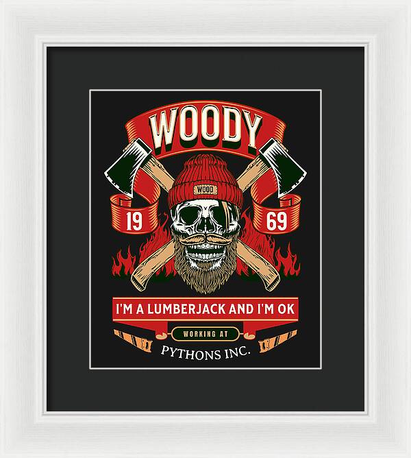 Framed wall art print with white frame and dark mat; lumberjack skull graphic