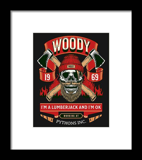 Framed print of Woody lumberjack skull graphic, red hat and green banners on black; white frame, black mat