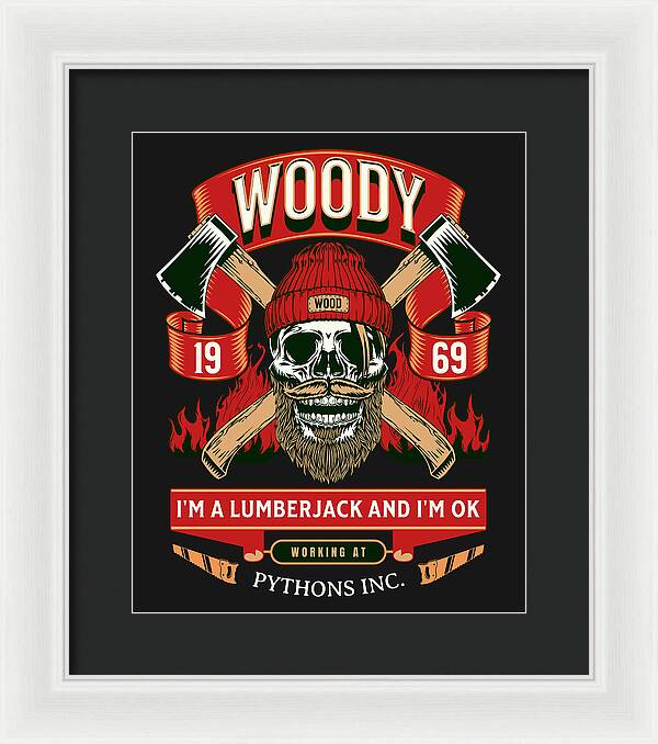 Framed wall art print with white frame and dark mat; lumberjack skull design with banner