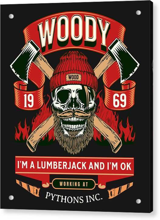 Acrylic print of Woody lumberjack skull graphic with banner and axes, with hanging corners