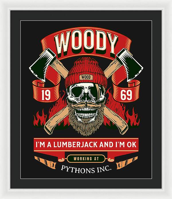 Framed print with white frame and white mat, featuring a red-and-black lumberjack skull graphic.