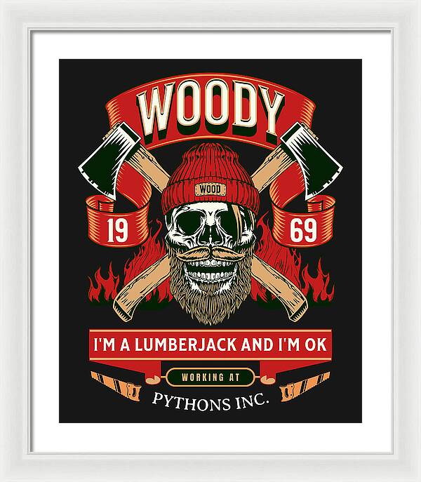 Framed print with white frame and white mat, featuring a red-and-black lumberjack skull graphic.