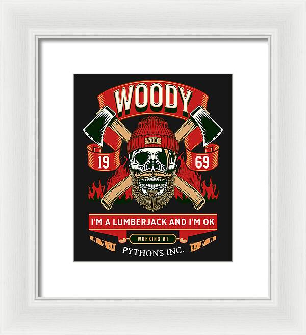 Framed print of Woody lumberjack skull graphic, red hat and green banners on black; white frame, white mat