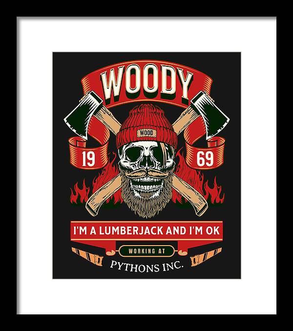 Framed print of Woody lumberjack skull graphic, red hat and green banners on black; white mat, black frame