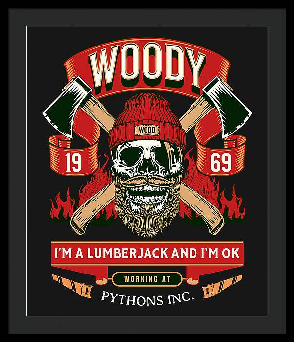 Framed print with black frame and dark mat, featuring a red-and-black lumberjack skull graphic.