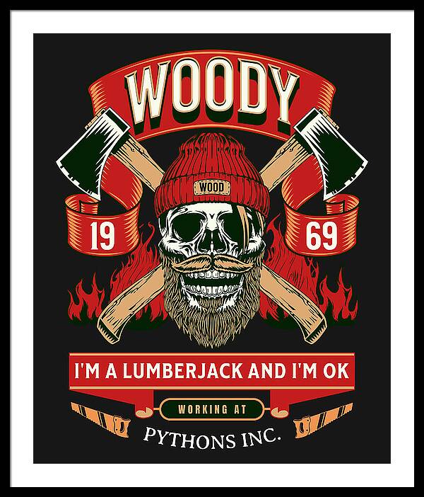 Framed print with white frame and black mat, featuring a red-and-black lumberjack skull graphic.