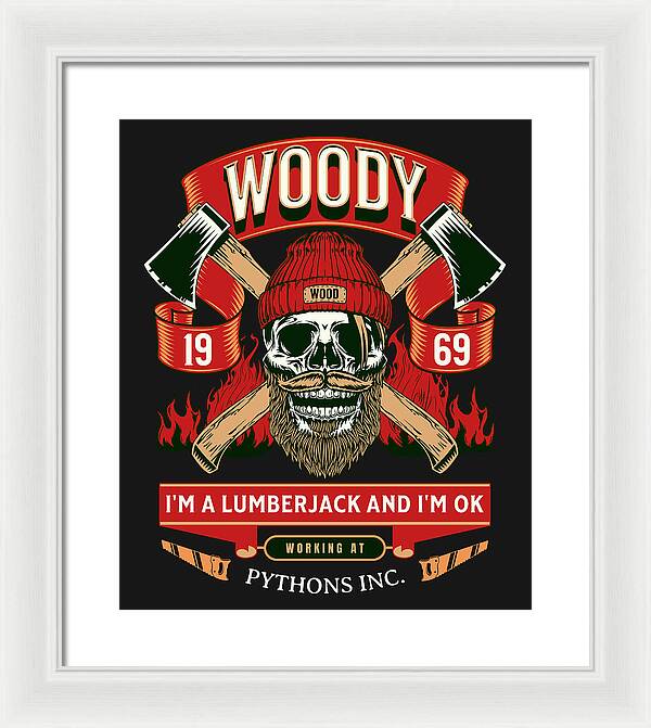 Framed wall art print with white frame; lumberjack skull design with ribbon and chips