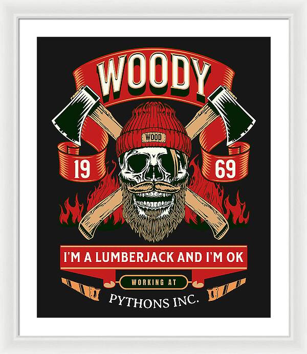 Framed print with white frame and white mat, featuring a red-and-black lumberjack skull graphic.