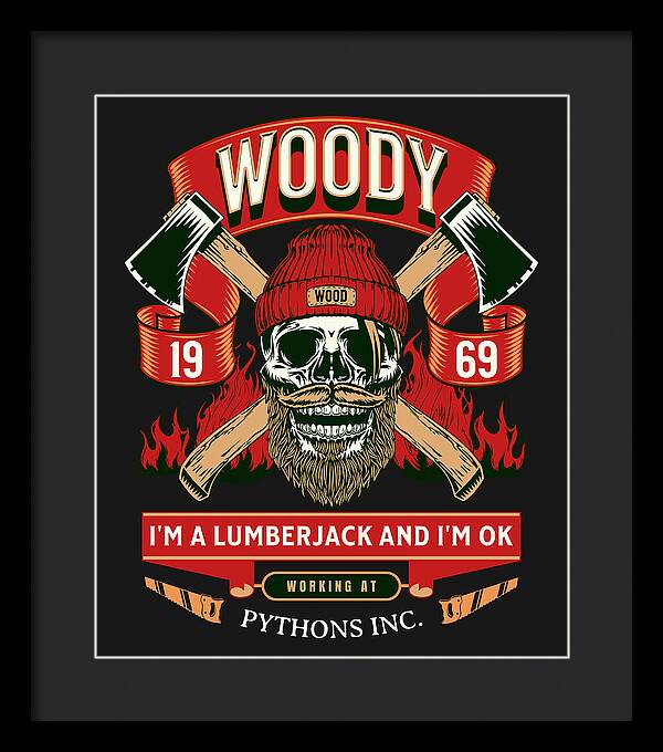 Framed wall art print with dark frame; lumberjack skull graphic with stacked badges