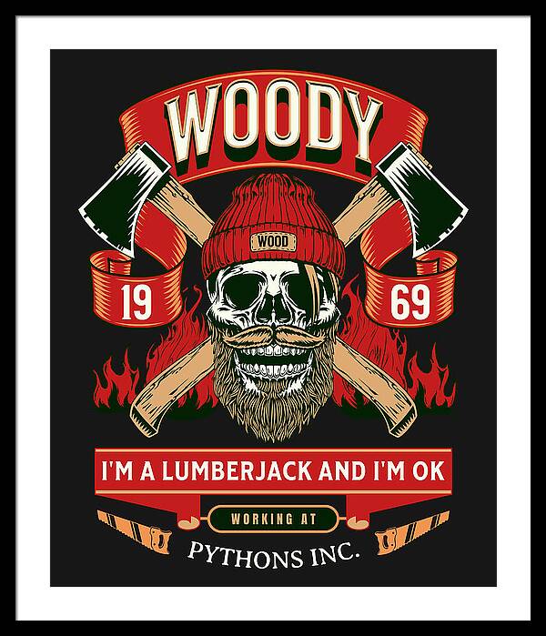 Framed print with white frame and black mat, featuring a red-and-black lumberjack skull graphic.