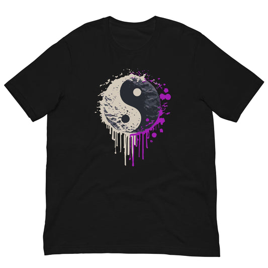 Black T-shirt with yin-yang spray paint graphic in white and purple on front