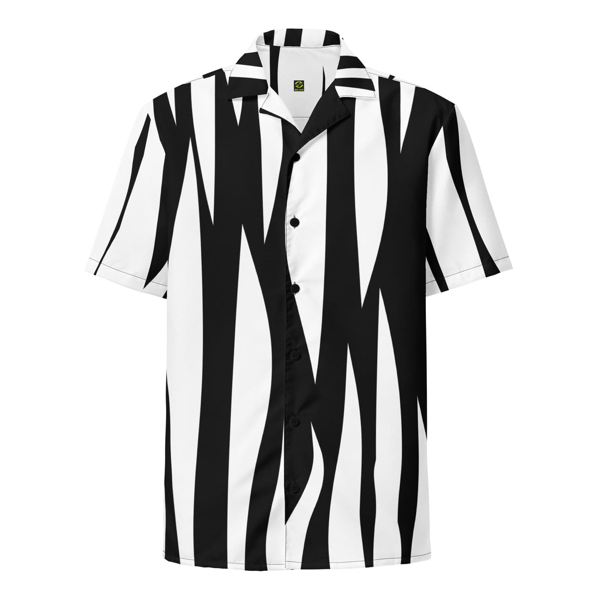 Zebra print unisex button-up shirt with black and white vertical stripes, short sleeves