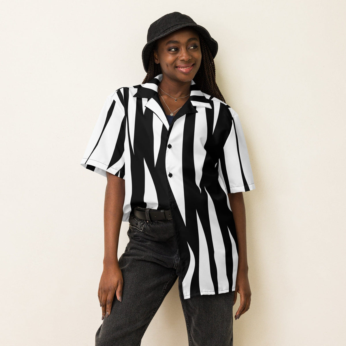Zebra print unisex button-up shirt in black and white vertical stripes, short-sleeve style