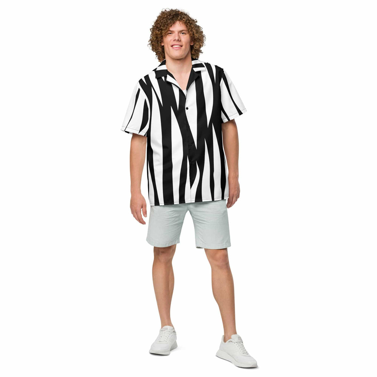 Zebra print unisex button-up shirt, black and white vertical stripes, short sleeves