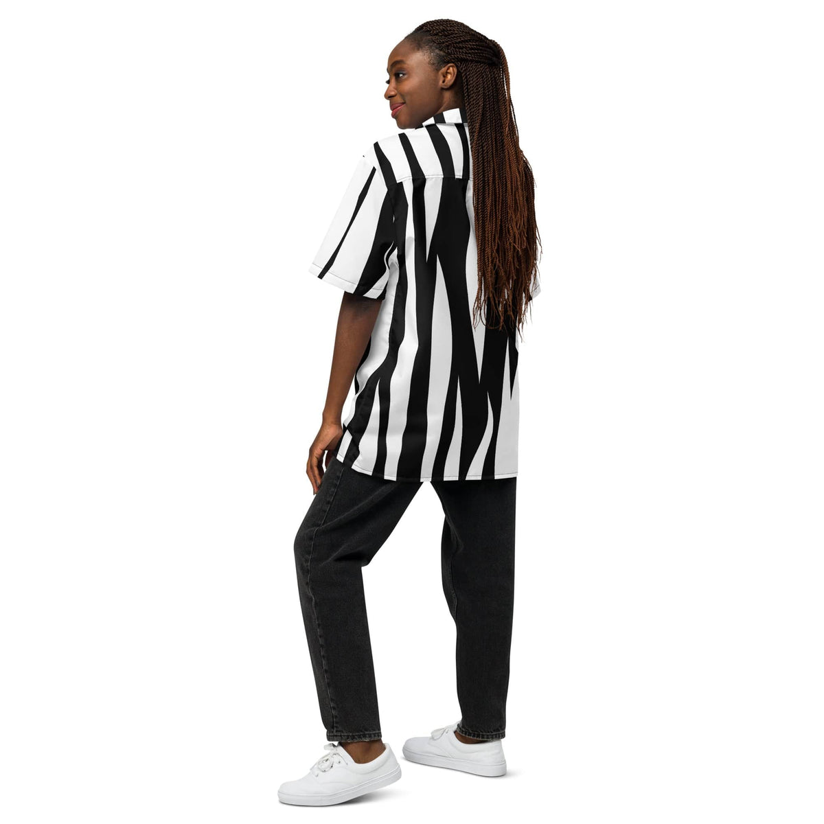 Zebra print unisex button-up shirt from back view, black and white vertical stripes