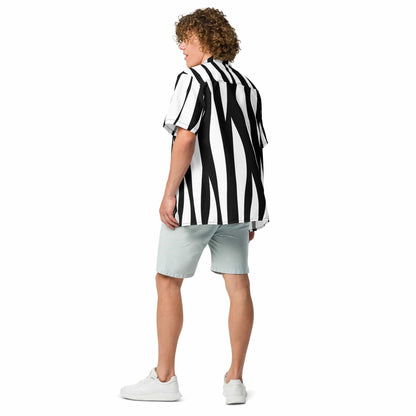 Zebra print button-up shirt with black and white vertical stripes, back view
